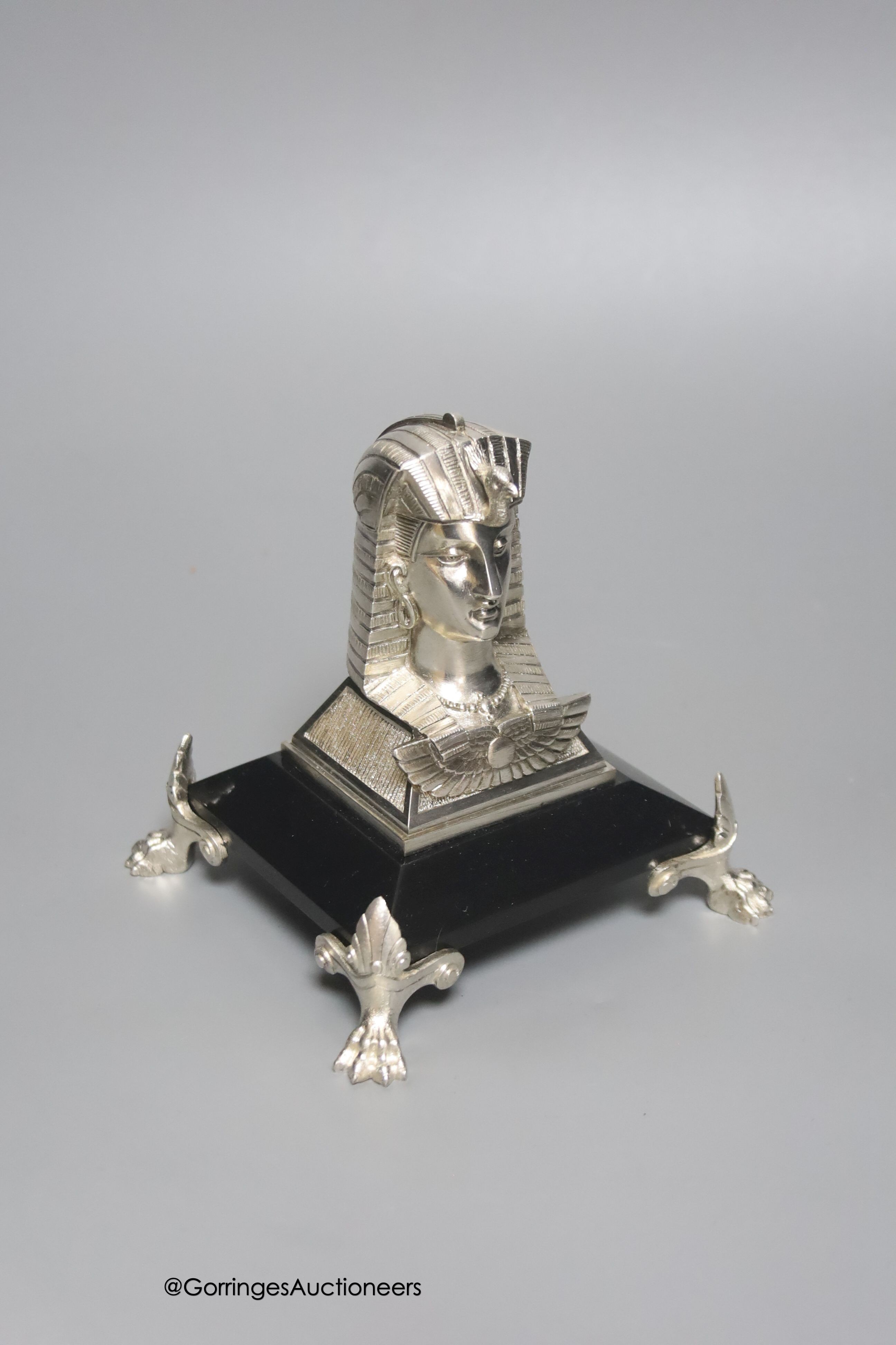 An Egyptian style electroplate mounted inkwell, height 12cm